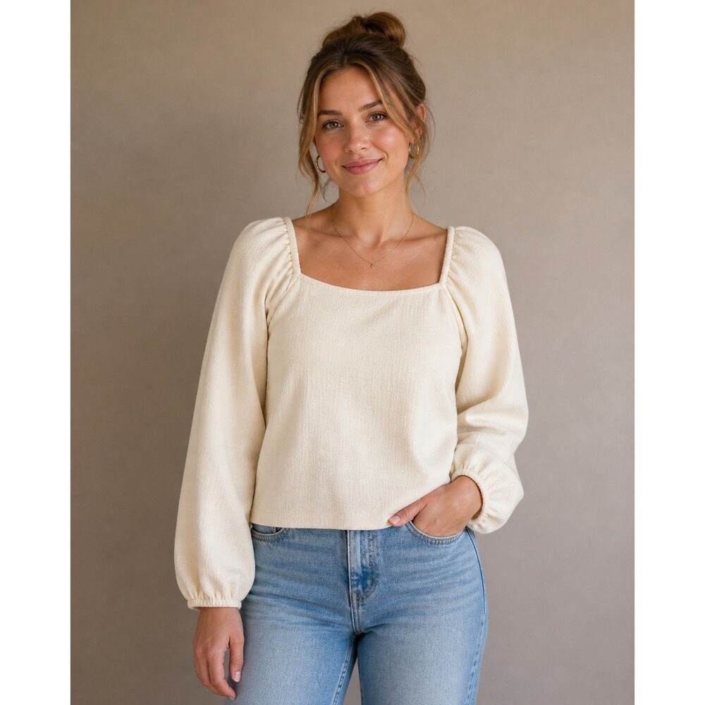 Madewell Antique Cream Crepe Square-Neck Long Puff-Sleeve Blouse Size M